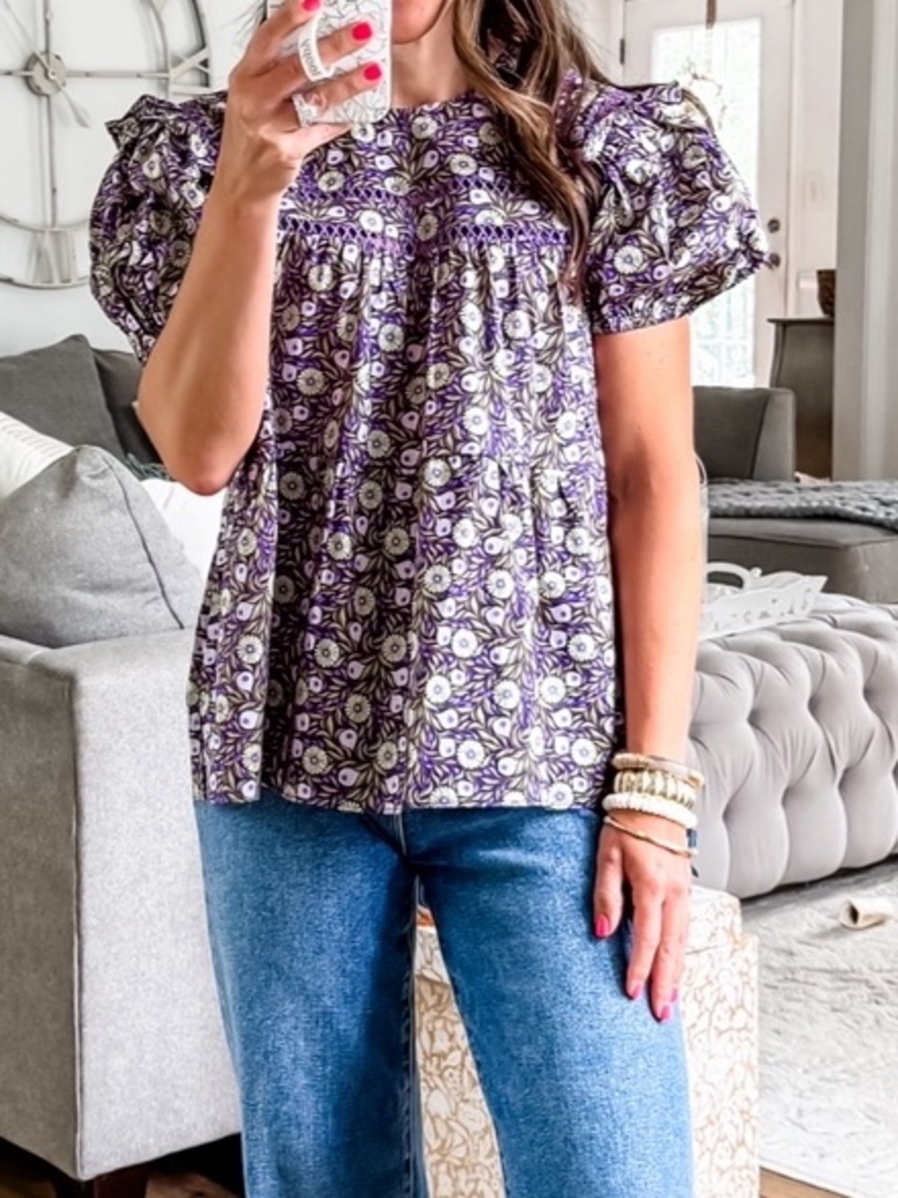 Women's Purple Floral Puff-Sleeve Top🎆